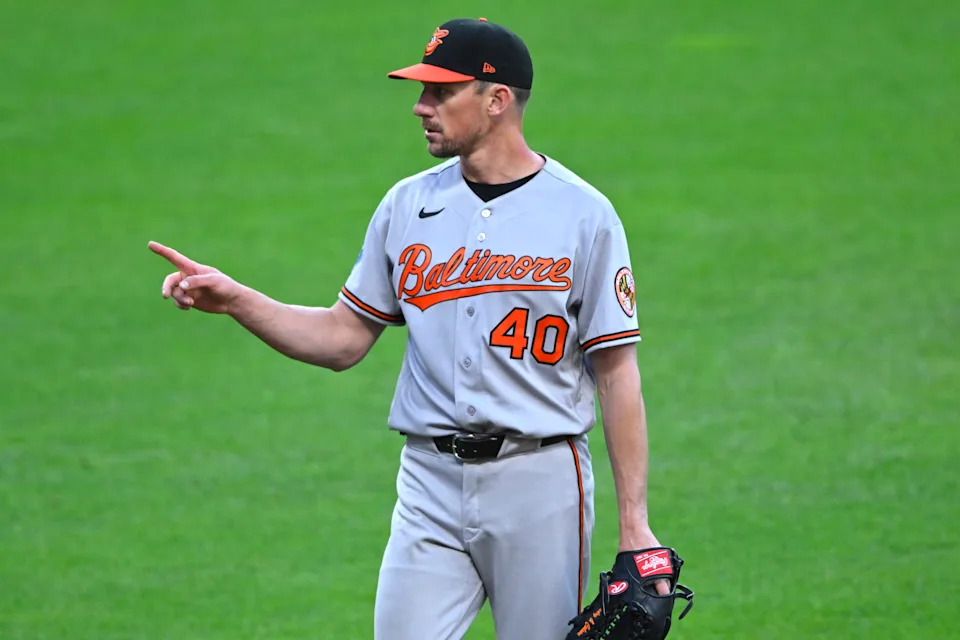 Baltimore Orioles starting pitcher Chris Bassitt reacts in the third inning against the Cleveland Guardians, April 17, 2026, in Cleveland.