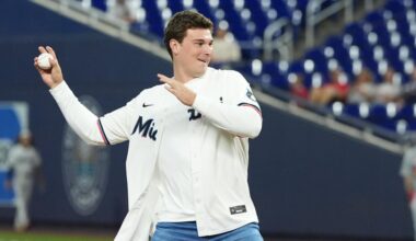 Before Thursday's NFL Draft, Fernando Mendoza threw out the first pitch in Miami