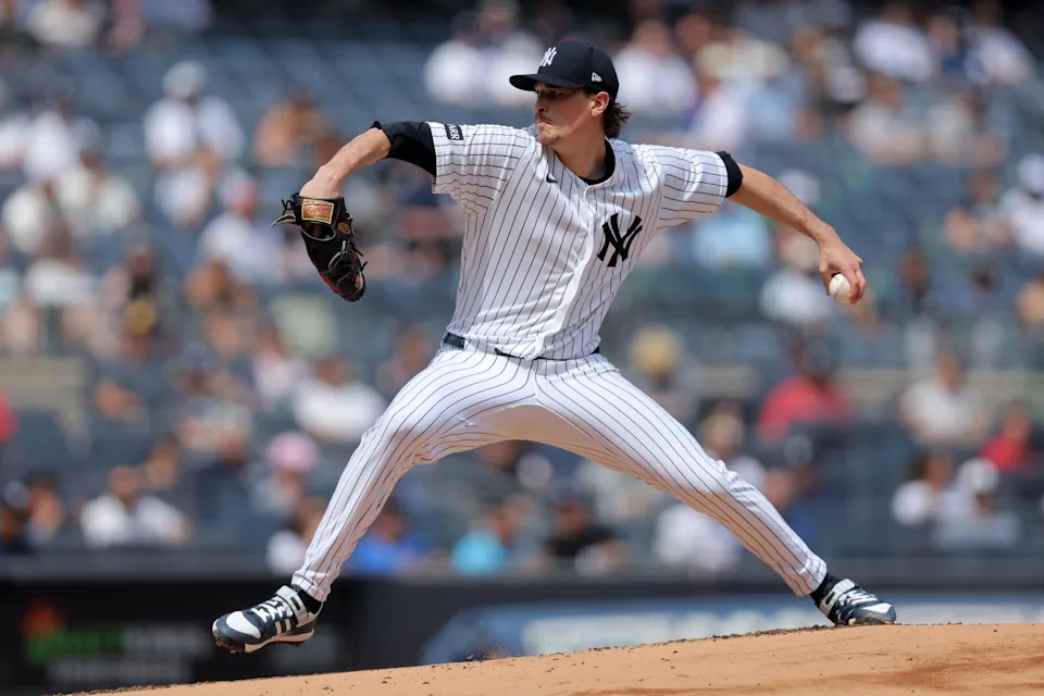 Apr 16, 2026; Bronx, New York, USA; New York Yankees starting pitcher Max Fried (54) pitches against the Los Angeles Angels during the first inning at Yankee Stadium. Mandatory Credit: Brad Penner-Imagn Images