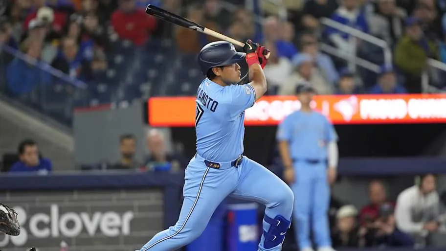 Toronto Blue Jays third baseman Kazuma Okamoto getting a hit