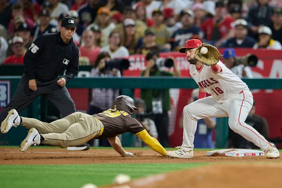 The Los Angeles Angels Nolan Schanuel #18 catches at first during an MLB game against the San Diego Padres, April 18th, 2026 in Anaheim California.