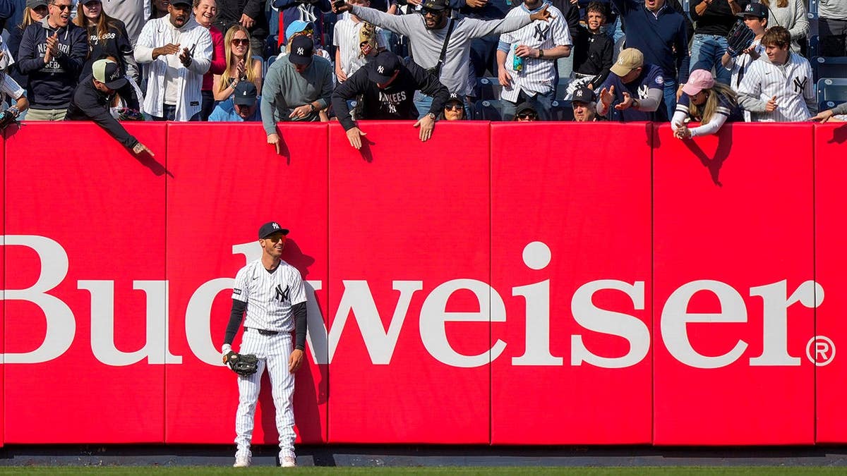 New York Yankees left fielder Cody Bellinger catching a fly ball during a baseball game.
