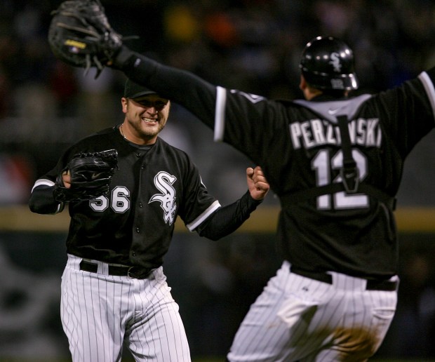 White Sox pitcher Mark Buehrle celebrates with catcher A.J. Pierzynski after pitching a no-hitter against the Texas Rangers at U. S. Cellular Field in Chicago, April 18, 2007. (Nuccio DiNuzzo/Chicago Tribune)