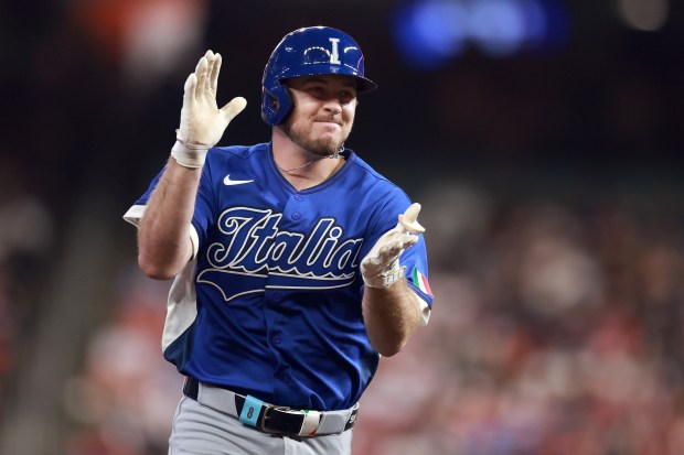 Kyle Teel of Team Italy rounds the bases after hitting a solo home run against the United States in the second inning of a World Baseball Classic game March 10, 2026, in Houston. (Kenneth Richmond/Getty Images)
