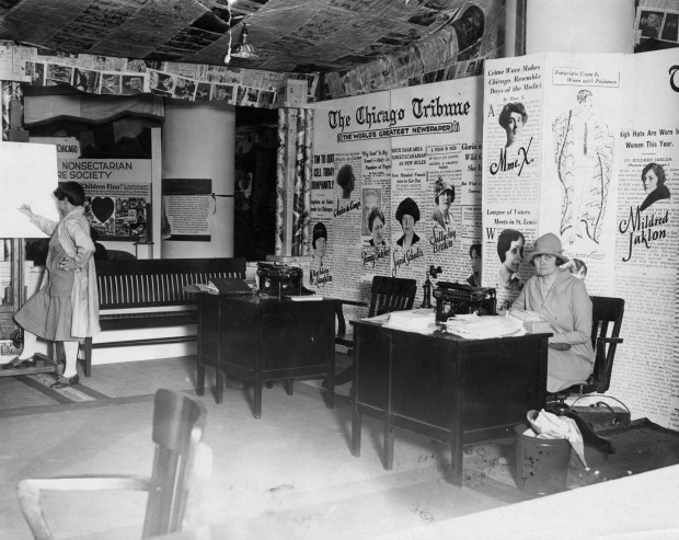 Margaret Stevers, who writes for the Chicago Tribune under the name Sally Joy Brown, is at the Tribune display at the Woman's World's Fair in Chicago in April 1926. The fair featured displays showing potential jobs for women, including those at the Chicago Tribune. At the fair in 1925, the Tribune had Martha McElliott, "the only woman copy reader on a metropolitan newspaper," show how she uses a blue pencil. Other women and their jobs that were showcased at the Tribune booth were department heads, writers, artists and typists. (Chicago Tribune historical photo)