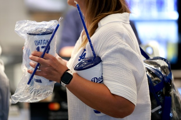 A detailed view of Los Angeles Dodgers' Shohei Ohtani souvenir cups at Dodger Stadium on March 30, 2026 in Los Angeles. (Luke Hales/Getty Images)