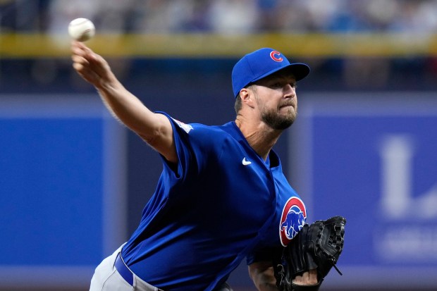 Chicago Cubs pitcher Colin Rea delivers to the Tampa Bay Rays during the first inning of a baseball game Wednesday, April 8, 2026, in St. Petersburg, Fla. (AP Photo/Chris O'Meara)