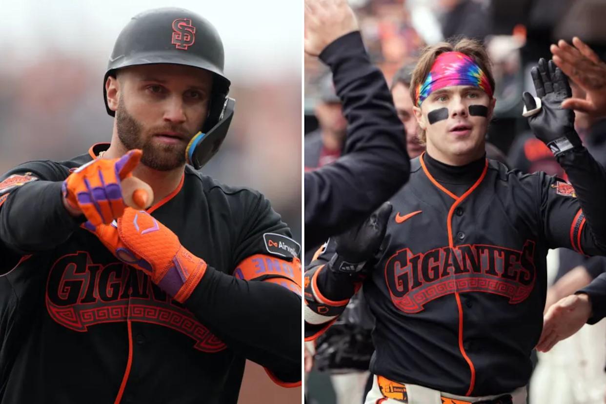 An image collage containing 2 images, Image 1 shows A San Francisco Giants player in a black uniform and helmet points directly at the viewer, Image 2 shows Giants player high-fiving teammates