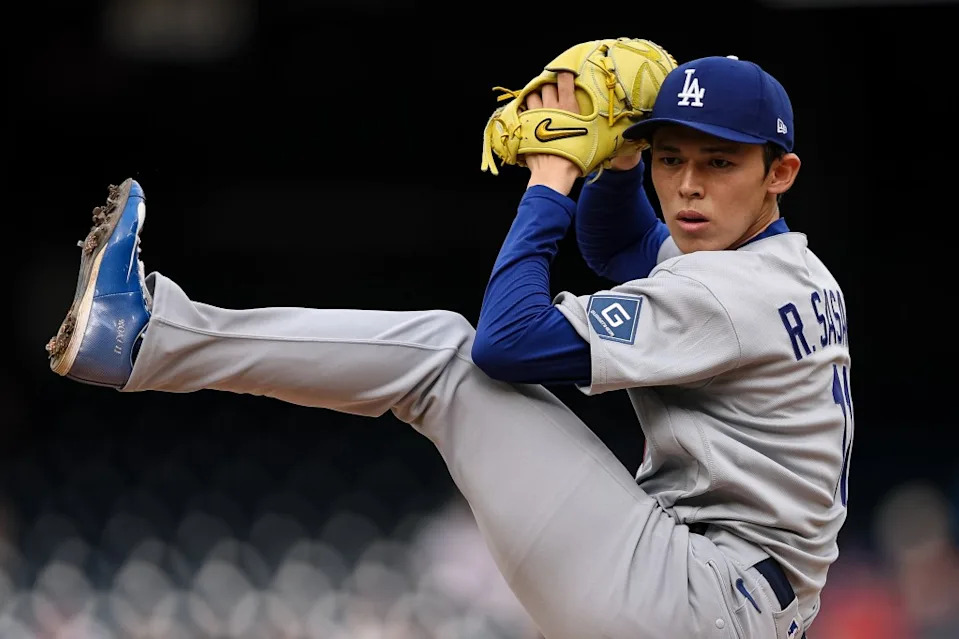 Roki Sasaki winds up to deliver a pitch against the Washington Nationals. Getty Images