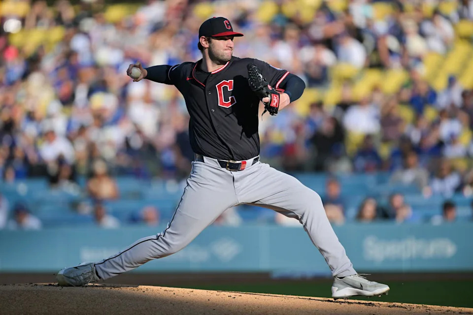 Apr 1, 2026; Los Angeles, California, USA; Cleveland Guardians pitcher Gavin Williams (32) pitches during the first inning against the Los Angeles Dodgers at Dodger Stadium. Mandatory Credit: Jayne Kamin-Oncea-Imagn Images