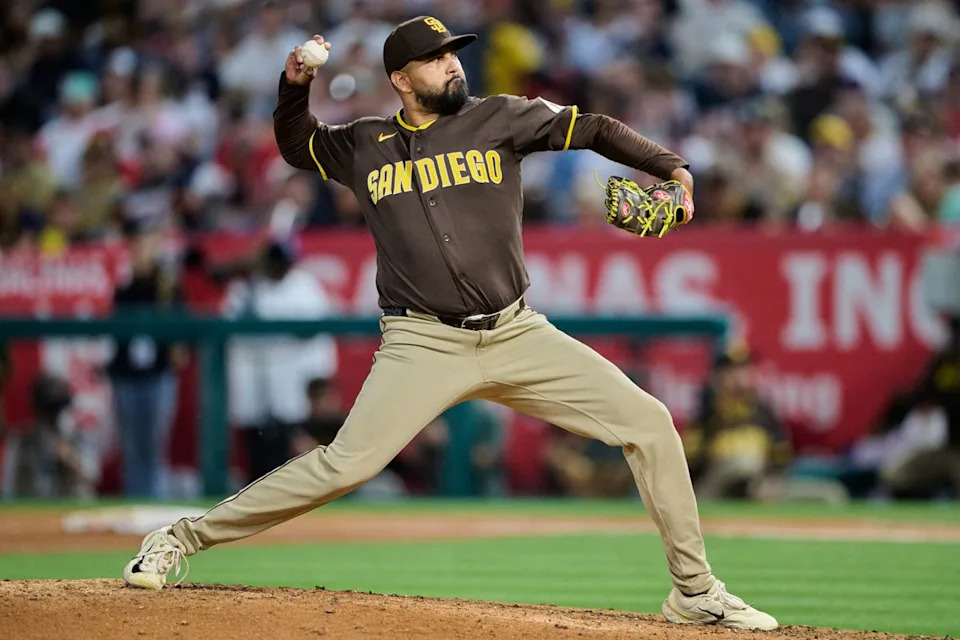 The San Diego Padres Germán Márquez #33 pitches during an MLB game against the Los Angeles Angels, April 18th, 2026 in Anaheim California.