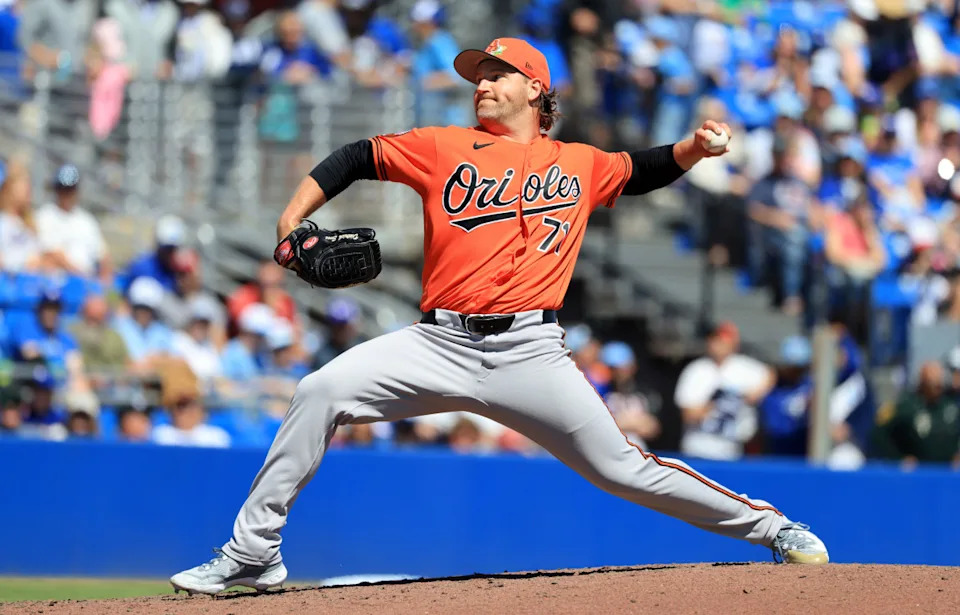 Mar 18, 2026; Dunedin, Florida, USA; Baltimore Orioles pitcher Dietrich Enns (71) throws a pitch during the sixth inning against the Toronto Blue Jays at TD Ballpark. Mandatory Credit: Kim Klement Neitzel-Imagn Images