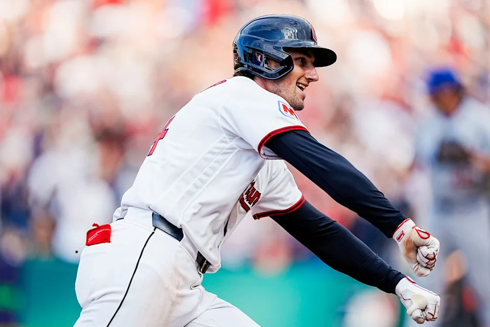 Cleveland Guardians' Chase DeLauter reacts to his two-run home run against the Chicago Cubs during the home opener April 4, 2026, in Cleveland.