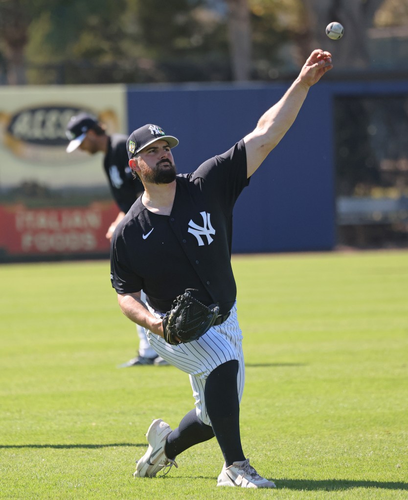 New York Yankees pitcher Carlos Rodón #55, throwing in the outfield.