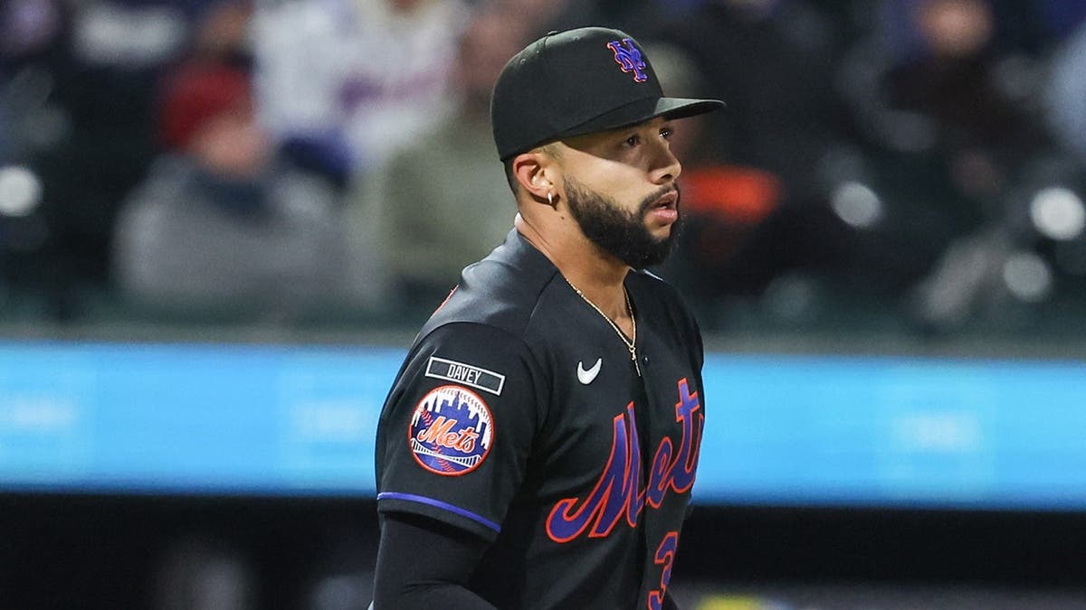 New York Mets relief pitcher Devin Williams reacting on the mound at Citi Field.