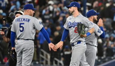 Apr 7, 2026; Toronto, Ontario, CAN; Los Angeles Dodgers right fielder Kyle Tucker (23) celebrates with first baseman Freddie Freeman (5) after a win over the Toronto Blue Jays at Rogers Centre. Mandatory Credit: Dan Hamilton-Imagn Images