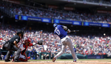 Apr 3, 2026; Washington, District of Columbia, USA; Los Angeles Dodgers two-way player Shohei Ohtani (17) singles against the Washington Nationals during the fourth inning at Nationals Park. Mandatory Credit: Geoff Burke-Imagn Images