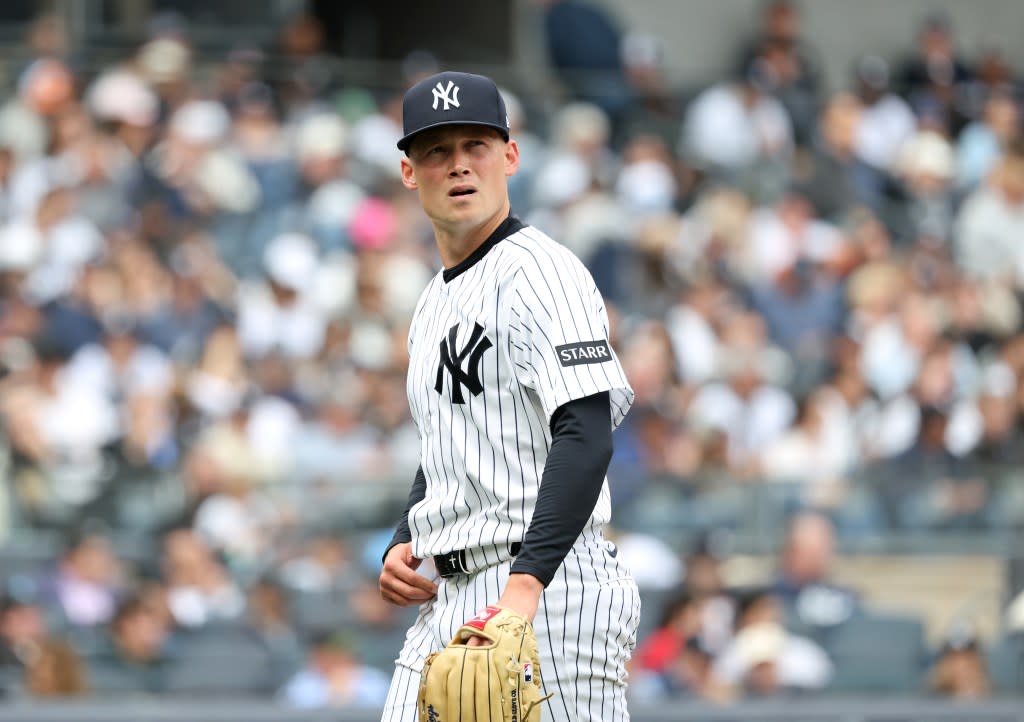 New York Yankees pitcher Will Warren (29) reacts as he walks back to the dugout after ending the first inning on April 3, 2026. Charles Wenzelberg/New York Post