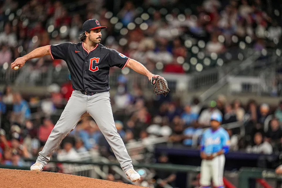 Cleveland Guardians catcher Austin Hedges (27) pitches against the Atlanta Braves during the ninth inning on April 12, 2026, in Cumberland, Georgia.