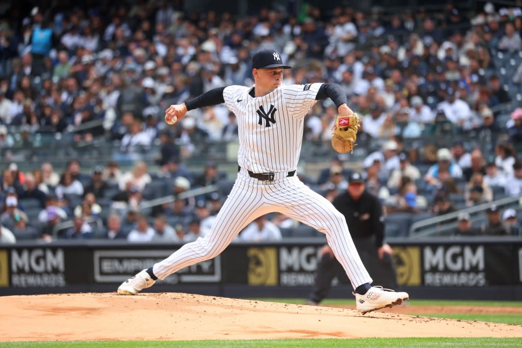 Yankees pitcher Will Warren (29) pitches in the second inning when the New York Yankees played the Miami Marlins in their home opener. Robert Sabo for NY Post