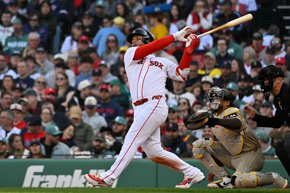 Red Sox first baseman Willson Contreras hits a home run against the San Diego Padres during the sixth inning at Fenway Park on Friday.