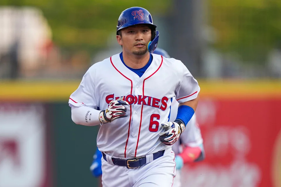 Knoxville Smokies outfielder Seiya Suzuki (6) jogs around the bases after Knoxville Smokies infielder Jefferson Rojas (2) hits a three run home run during Opening Day for the Knoxville Smokies at Covenant Health Park against the Birmingham Barons on April 3, 2026.