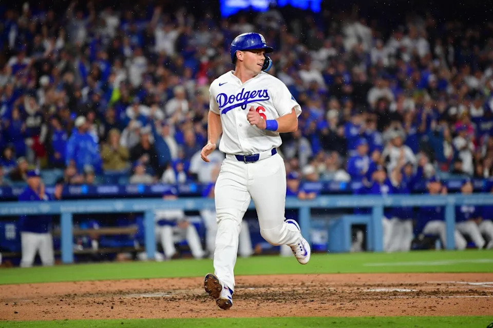 Mar 31, 2026; Los Angeles, California, USA; Los Angeles Dodgers catcher Will Smith (16) scores a run against the Cleveland Guardians during the fourth inning at Dodger Stadium. Mandatory Credit: Gary A. Vasquez-Imagn Images