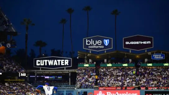Los Angeles Dodgers two-way player Shohei Ohtani (17) throws to the plate during the first inning against the Cleveland Guardians at Dodger Stadium. 