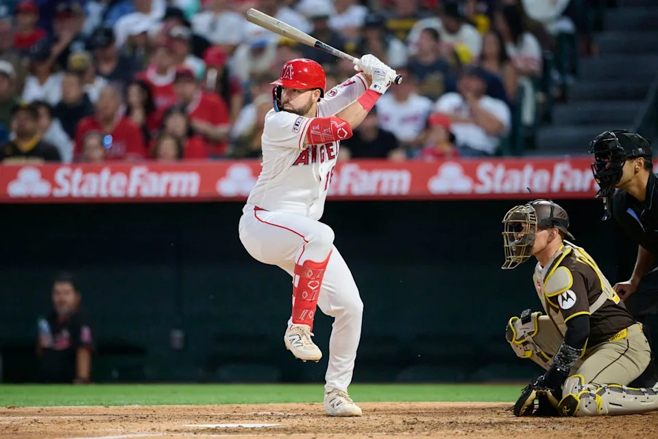 The Los Angeles Angels Nolan Schanuel #18 bats during an MLB game against the San Diego Padres, April 18th, 2026 in Anaheim California.