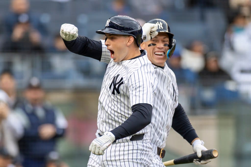 Yankees first baseman Ben Rice (22) celebrates with New York Yankees right fielder Aaron Judge (99) after he scores on his solo homer. Robert Sabo for NY Post