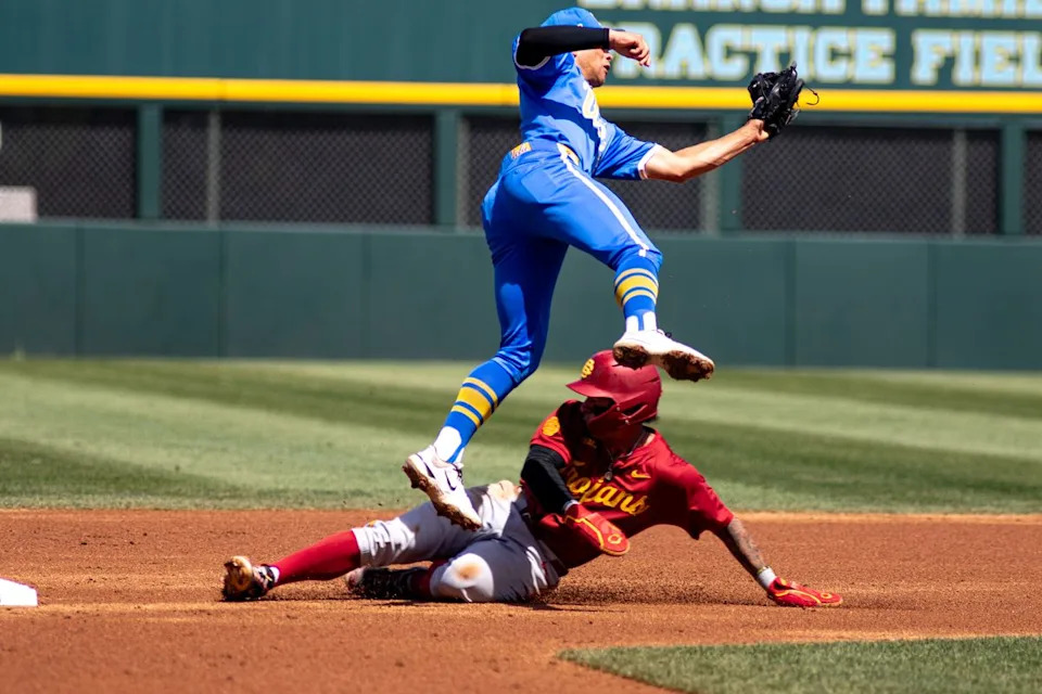 USC infielder, Abbrie Covarrubias (7) safely slides into second base during an NCAA baseball against UCLA on April 4th, 2026 at Jackie Robinson Stadium in Los Angeles, CA.