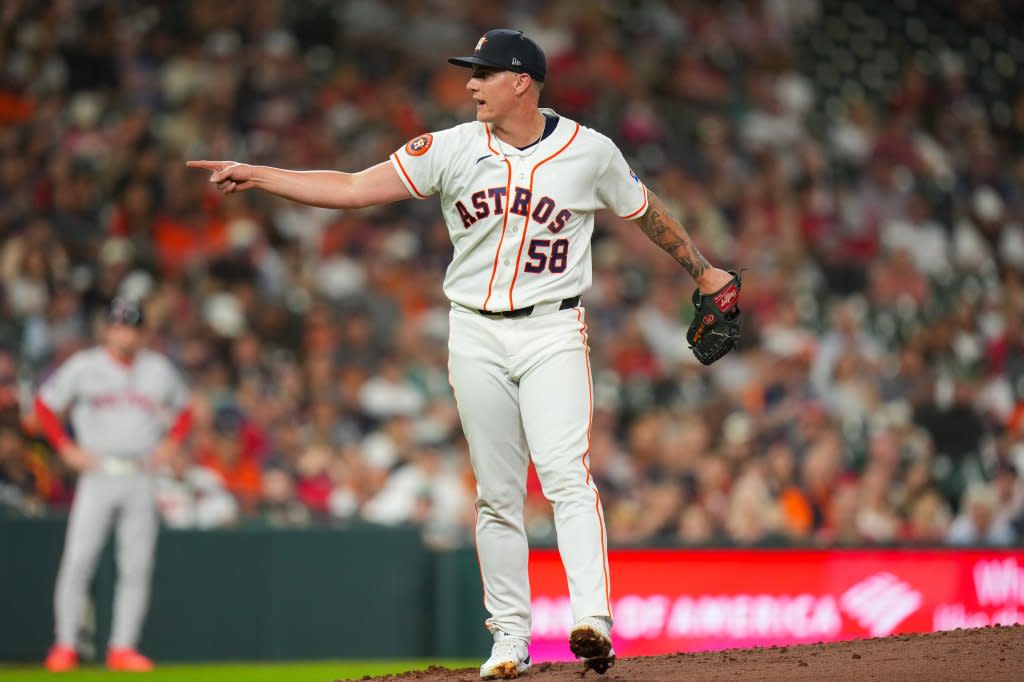 Houston Astros starting pitcher Hunter Brown reacts after striking out Boston Red Sox’s Roman Anthony during the third inning of a baseball game in Houston, Tuesday, March 31, 2026. AP