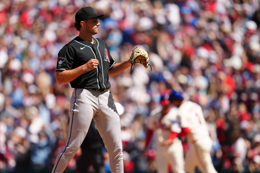 Brandon Pfaadt receives a new ball after giving up a solo home run to Bryce Harper during the third inning of the Diamondbacks’ 4-3 loss to the Phillies on April 11, 2026, in Philadelphia. AP