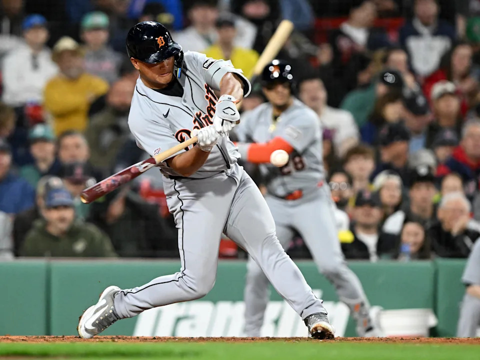 Hao-Yu Lee bats and hits a fly out in his MLB debut for the Detroit Tigers against the Boston Red Sox during the fifth inning at Fenway Park on Friday, April 17, 2026 in Boston.