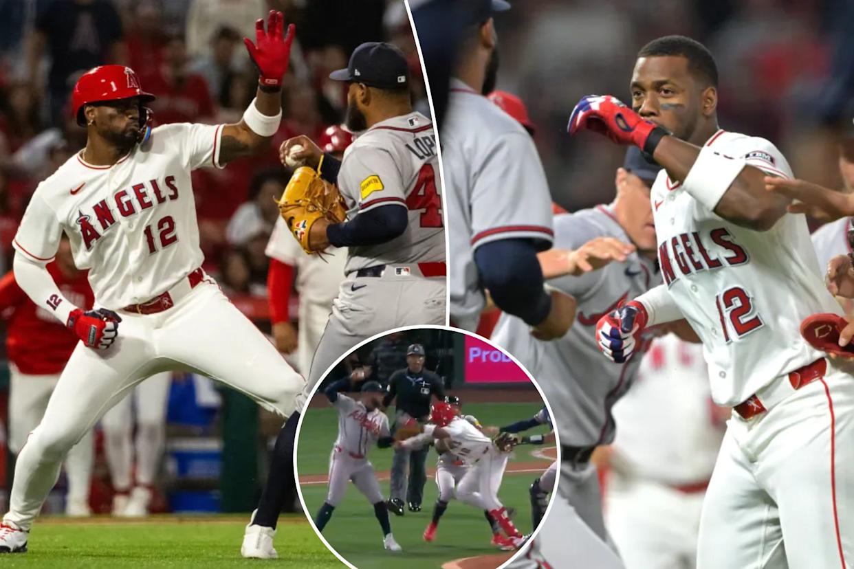 An image collage containing 3 images, Image 1 shows Los Angeles Angels' Jorge Soler (12) and Atlanta Braves' Reynaldo López (40) fight during the fifth inning of a baseball game, Tuesday, April 7, 2026, in Anaheim, Calif, Image 2 shows Benches clear as pitcher Reynaldo López #40 of the Atlanta Braves and right fielder Jorge Soler #12 of the Los Angeles Angels fight on the field during the fifth inning at Angel Stadium of Anaheim on April 7, 2026, Image 3 shows Baseball players from two teams fighting on the field, with an umpire attempting to intervene