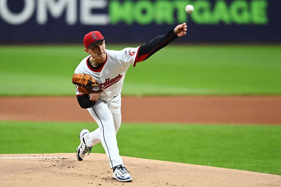 Apr 26, 2025; Cleveland, OH, USA; Cleveland Guardians starting pitcher Doug Nikhazy (65) throws a pitch during the first inning against the Boston Red Sox at Progressive Field. Mandatory Credit: Ken Blaze-Imagn Images