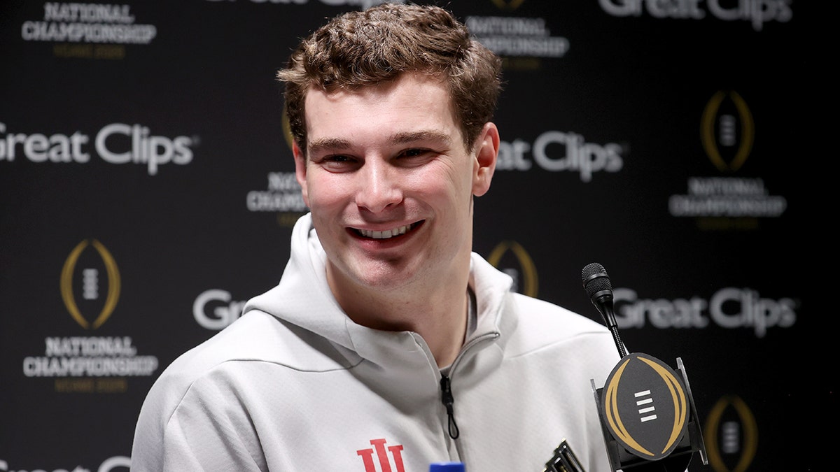 Indiana Hoosiers quarterback Fernando Mendoza speaking at a media event