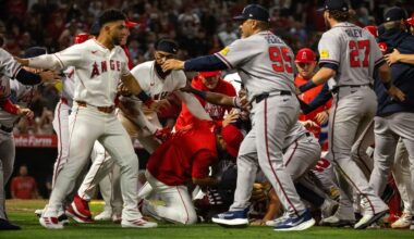Shocking moment huge bench-clearing brawl breaks out between LA Angels and Atlanta Braves with punches thrown