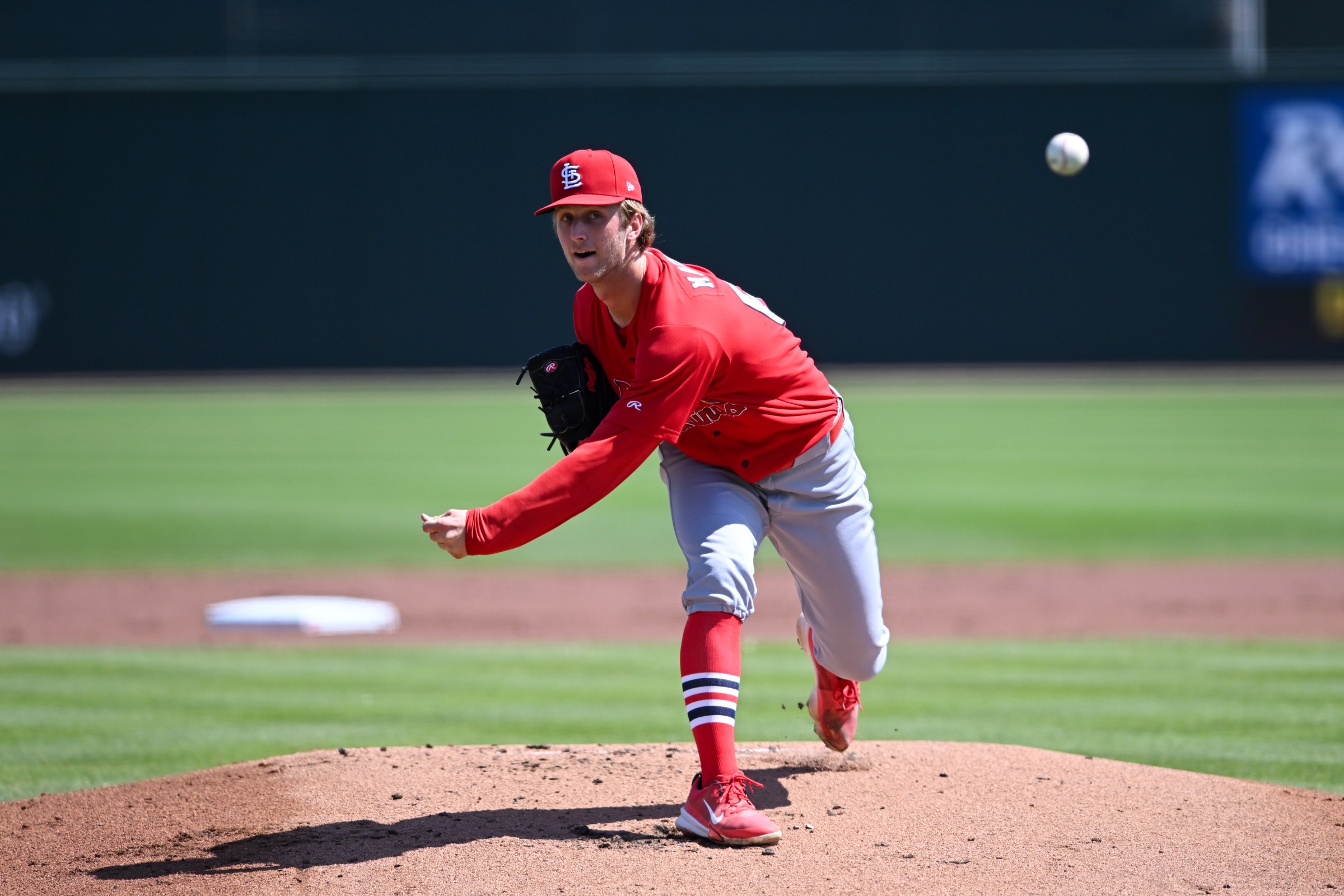 JUPITER, FLORIDA - MARCH 14, 2025: Quinn Mathews #68 of the St. Louis Cardinals throws a pitch during the first inning of a spring training Spring Breakout game against the Miami Marlins at Roger Dean Chevrolet Stadium on March 14, 2025 in Jupiter, Florida. (Photo by Nick Cammett/Diamond Images via Getty Images)