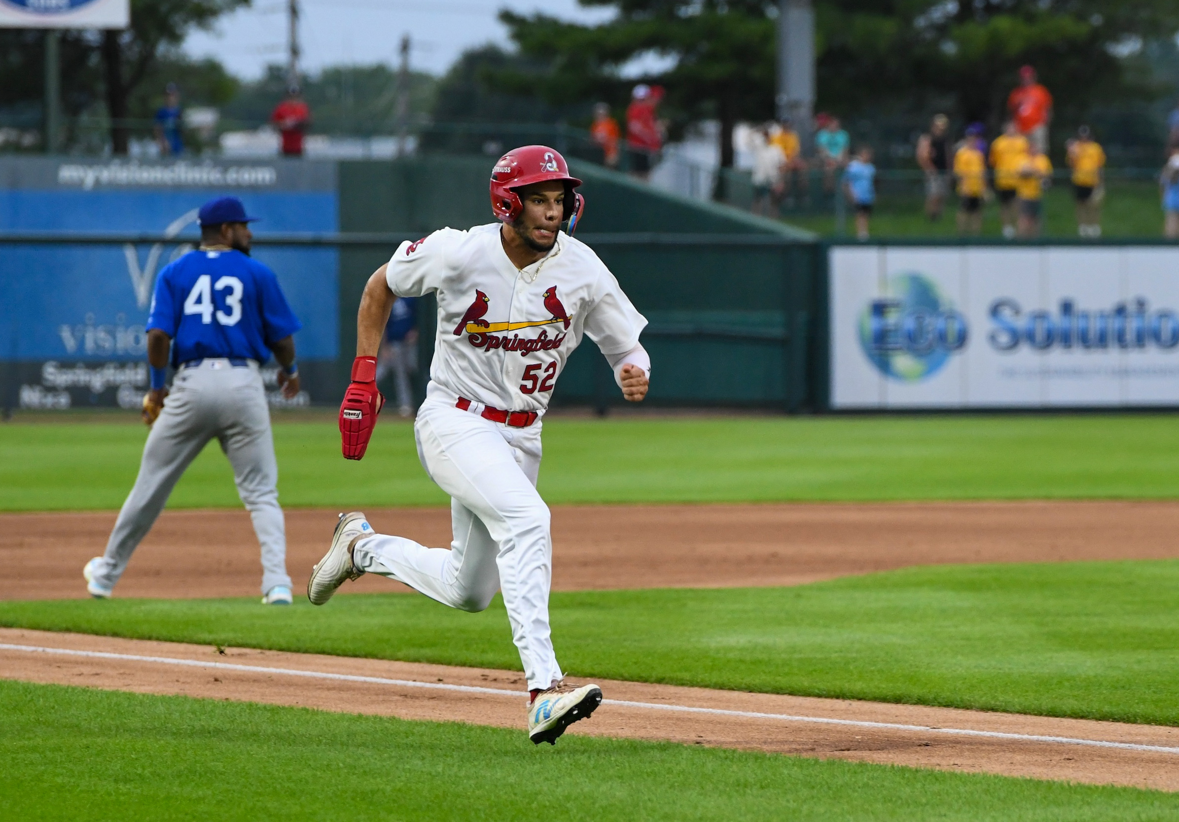 SPRINGFIELD, MO - JUNE 11: Joshua Baez #52 of the Springfield Cardinals runs home during the game between the Tulsa Drillers and the Springfield Cardinals at Hammons Field on Wednesday, June 11, 2025 in Springfield, Missouri. (Photo by Shanna Stafford/Minor League Baseball via Getty Images)