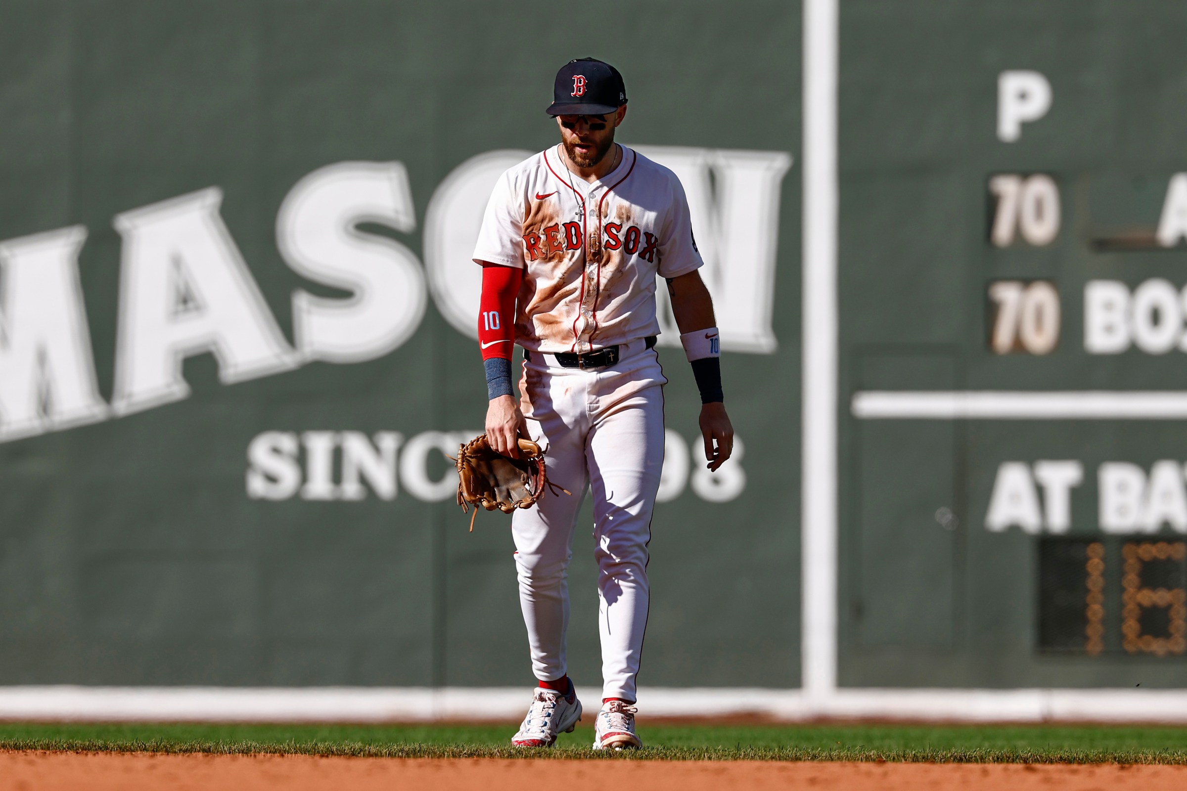BOSTON, MA - SEPTEMBER 18: Trevor Story #10 of the Boston Red Sox reacts after committing an error to allow a run to score during the seventh inning against the Athletics at Fenway Park on September 18, 2025 in Boston, Massachusetts. (Photo By Winslow Townson/Getty Images)