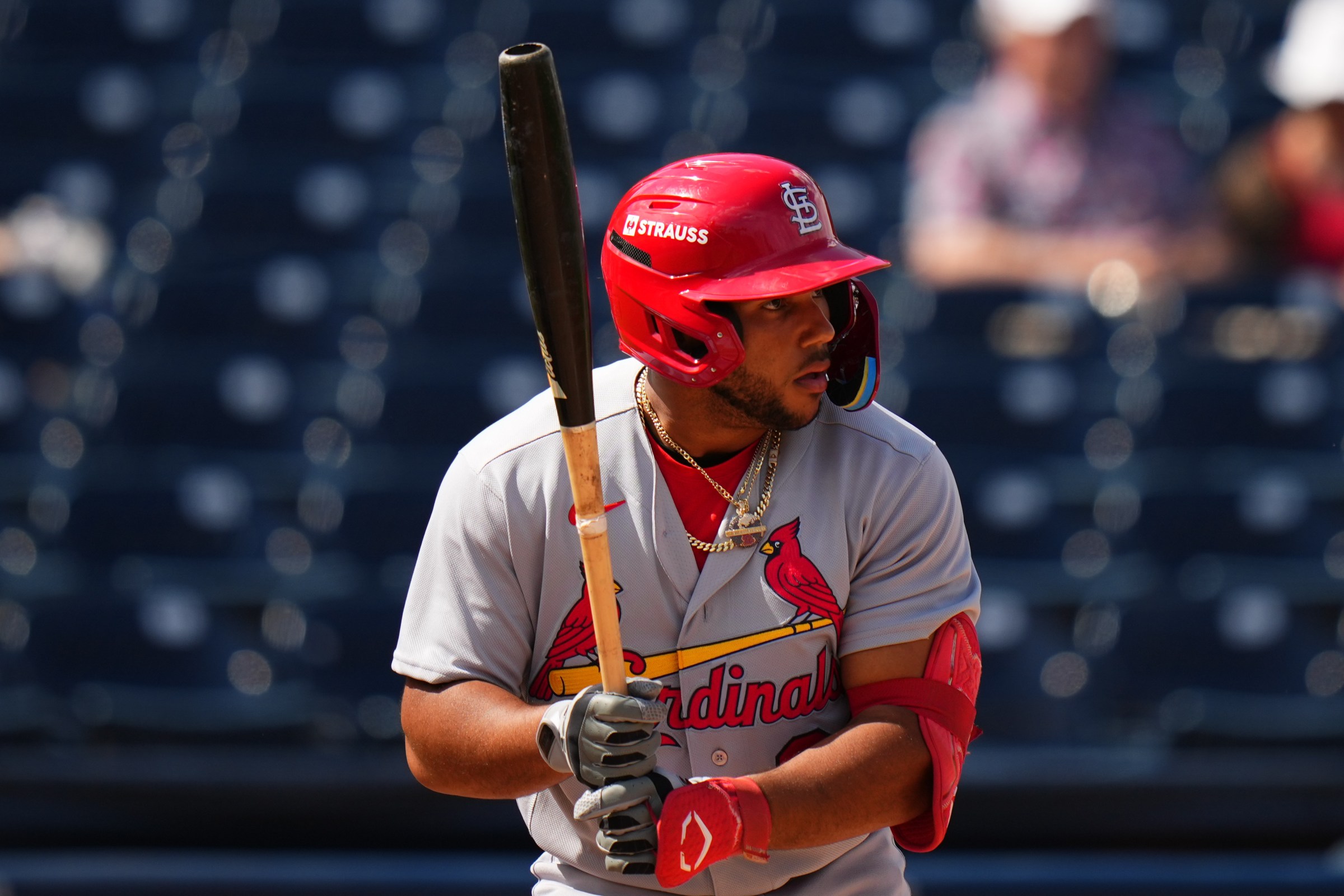 WEST PALM BEACH, FLORIDA - FEBRUARY 22: Rainiel Rodriguez #88 of the St. Louis Cardinals at bat during a spring training game against the Houston Astros at CACTI Park of the Palm Beaches on February 22, 2026 in West Palm Beach, Florida. (Photo by Rich Storry/Getty Images)