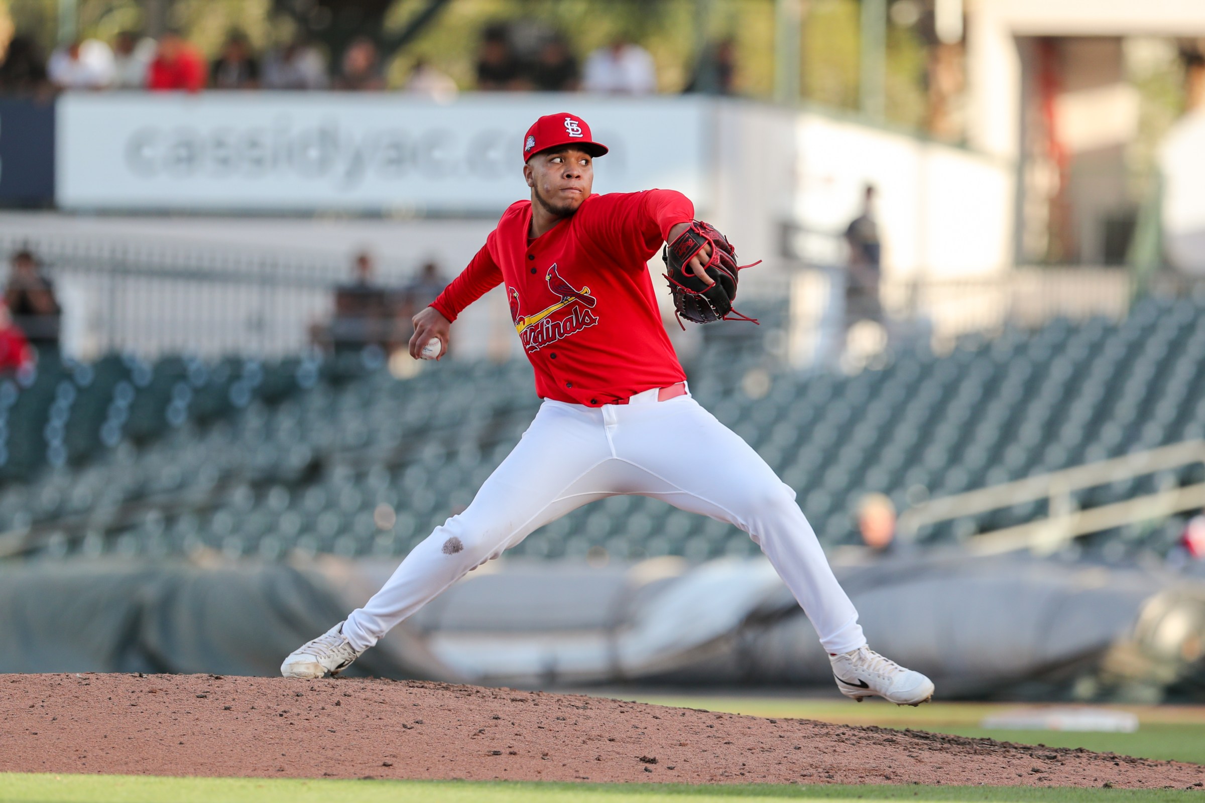 JUPITER, FL - MARCH 19: Yhoiker Fajardo #35 of the St. Louis Cardinals pitches during the game between the Washington Nationals and the St. Louis Cardinals at Roger Dean Chevrolet Stadium on Thursday, March 19, 2026 in Jupiter, Florida. (Photo by Jared Blais/MLB Photos via Getty Images)