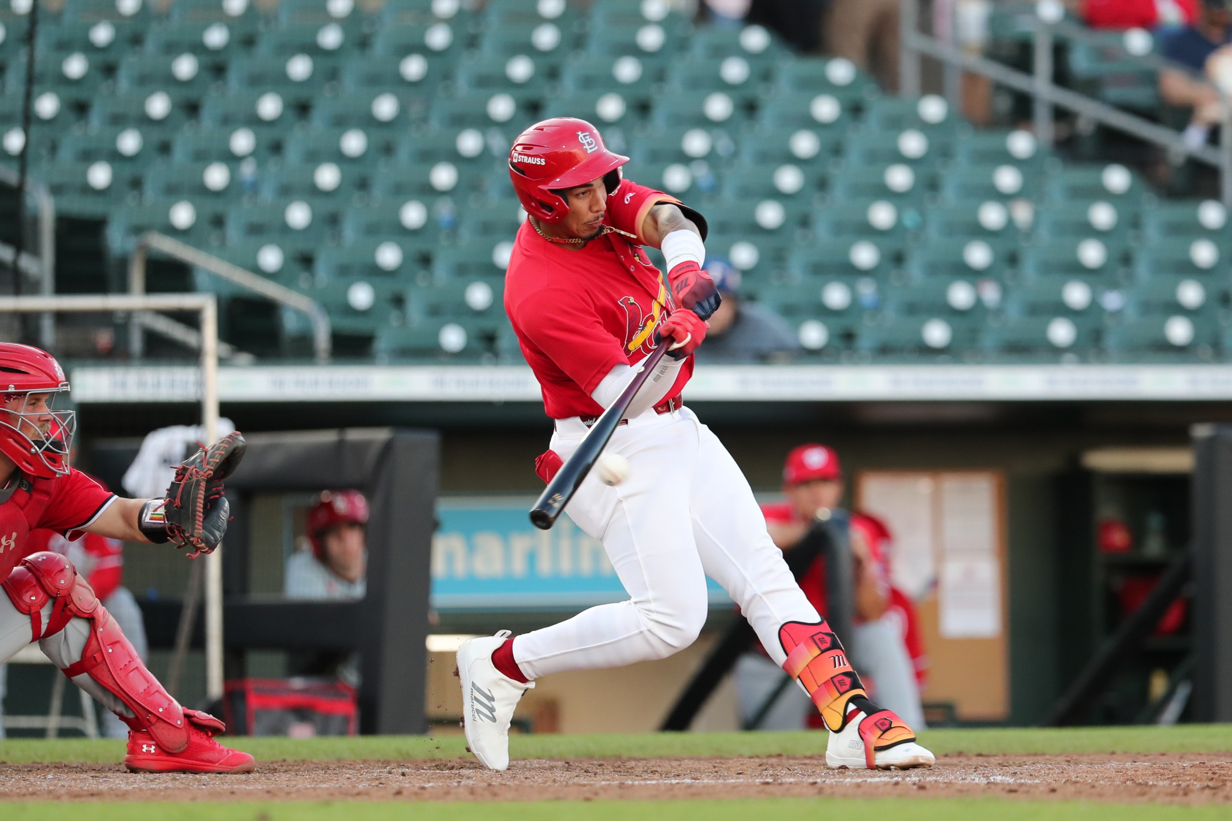 JUPITER, FL - MARCH 19: Deniel Ortiz #57 of the St. Louis Cardinals bats during the game between the Washington Nationals and the St. Louis Cardinals at Roger Dean Chevrolet Stadium on Thursday, March 19, 2026 in Jupiter, Florida. (Photo by Jared Blais/MLB Photos via Getty Images)