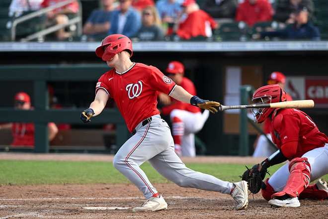 JUPITER, FLORIDA - MARCH 19, 2026: Sam Petersen #7 of the Washington Nationals bats during the fourth inning of a spring training Spring Breakout game against the St. Louis Cardinals at Roger Dean Chevrolet Stadium on March 19, 2026 in Jupiter, Florida. (Photo by Nick Cammett/Diamond Images via Getty Images)