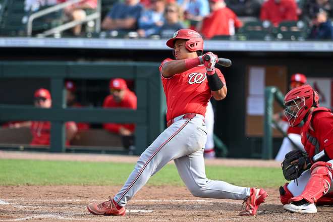 JUPITER, FLORIDA - MARCH 19, 2026: Caleb Lomavita #82 of the Washington Nationals bats during the fourth inning of a spring training Spring Breakout game against the St. Louis Cardinals at Roger Dean Chevrolet Stadium on March 19, 2026 in Jupiter, Florida. (Photo by Nick Cammett/Diamond Images via Getty Images)