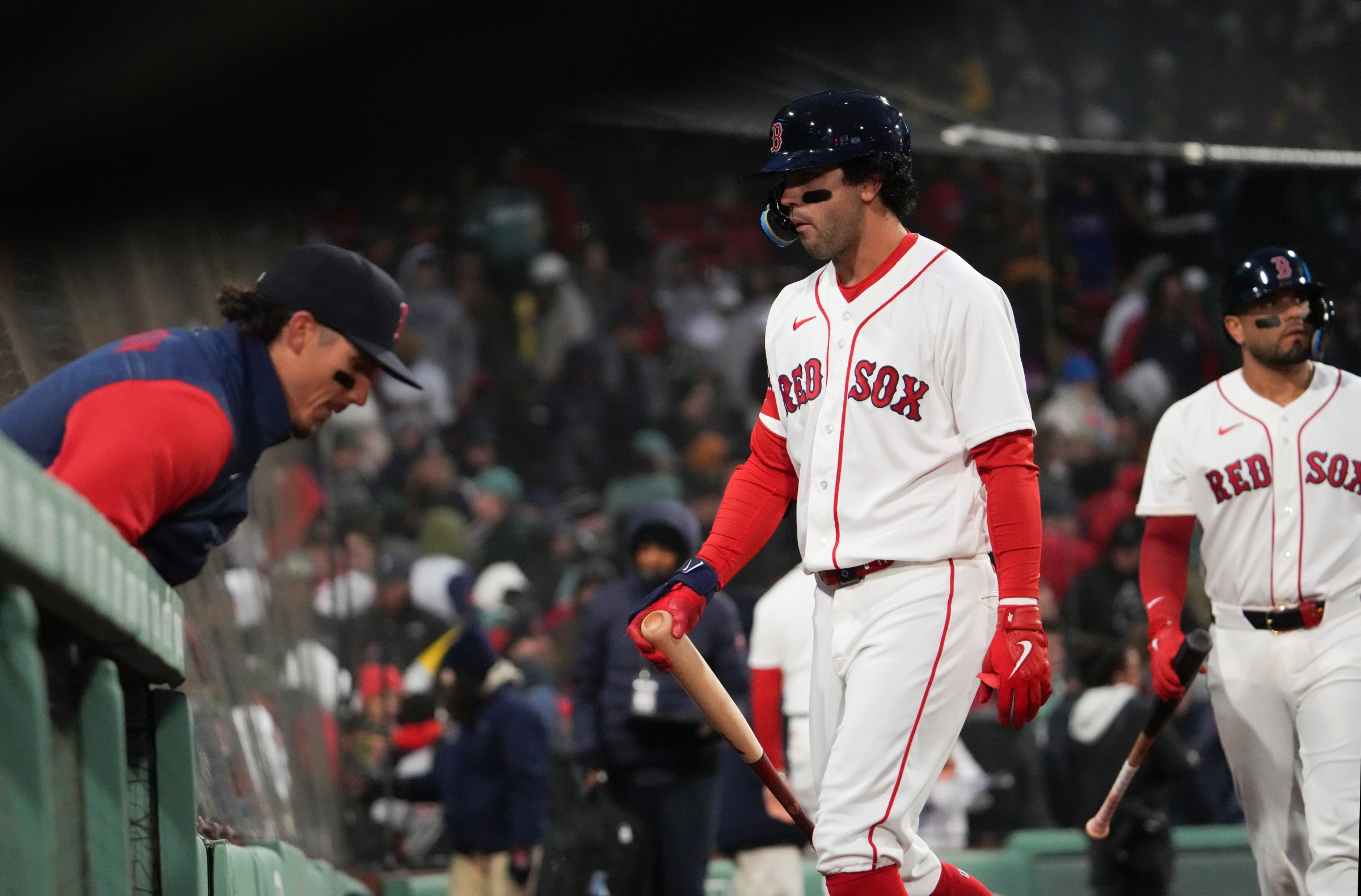 Boston, MA - April 4: Boston Red Sox second baseman Marcelo Mayer strikes out for the final out of the game. The Red Sox played the San Diego Padres at Fenway Park on April 4, 2026. (Photo by Barry Chin/The Boston Globe via Getty Images)