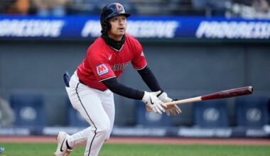 Cleveland Guardians' Steven Kwan watches his home run in the thirtd inning of a baseball game against the Kansas City Royals in Cleveland, Monday, April 6, 2026. (AP Photo/Sue Ogrocki)