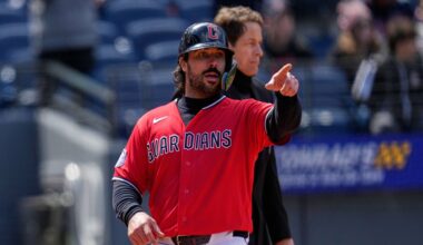 Cleveland Guardians' Austin Hedges gestures to first base as he scores on a single hit by Steven Kwan in the fifth inning of a baseball game against the Kansas City Royals in Cleveland, Tuesday, April 7, 2026. (AP Photo/Sue Ogrocki)