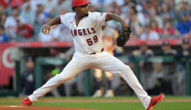 Los Angeles Angels pitcher Jose Soriano (59) delivers to the plate in the first inning against the Atlanta Braves at Angel Stadium.